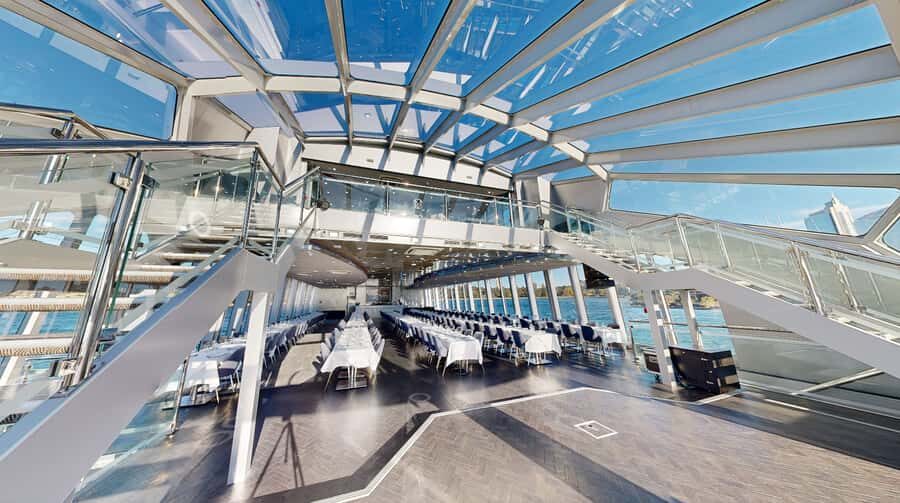 Sydney Harbour Lunch Cruise: 360° Glass Boat Views & Buffet - Mezzanine Lounge and Sky Deck: 360° Photos Without Missing the Meal